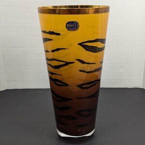 Vintage BOHEMIA Crystal Czech Republic Amber Black Tiger Stripe Vase